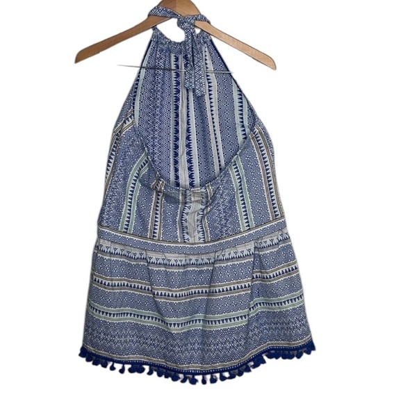 Saylor Blue Striped Tassel Halter Mini Dress Women Size L - Picture 2 of 4